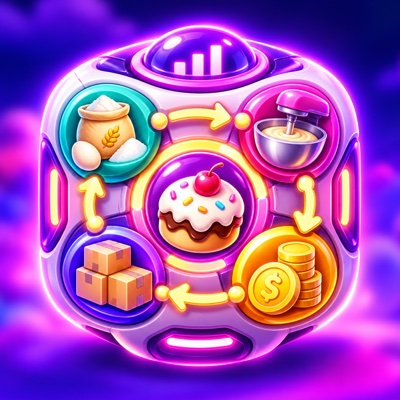 Mellora Flow app icon: a candy-colored control pod with flour, mixer, boxes and coins around a cherry cake